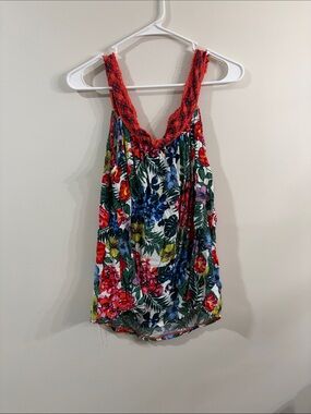 Signature Studio Multicolor Floral Tank with Red Crochet Trim